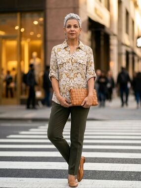 NWT Rebecca Malone Cream and Brown Printed Button-Down Shirt size SMALL